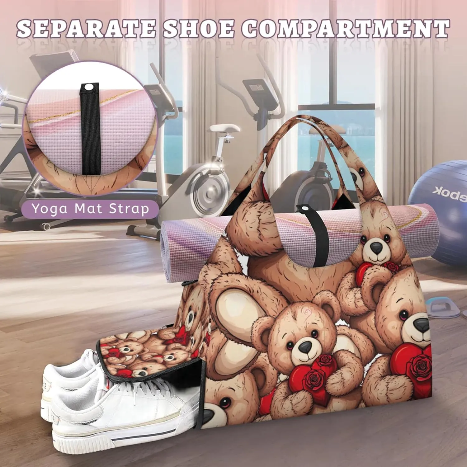 Bear Hearts Gym Bag Yoga Mat Tote for Women with Shoes Compartment Lightweight Duffle Travel Carrier Wet Dry Storage Pockets Adjustable Pilates Mats Shoulder Bags for Sport Swim