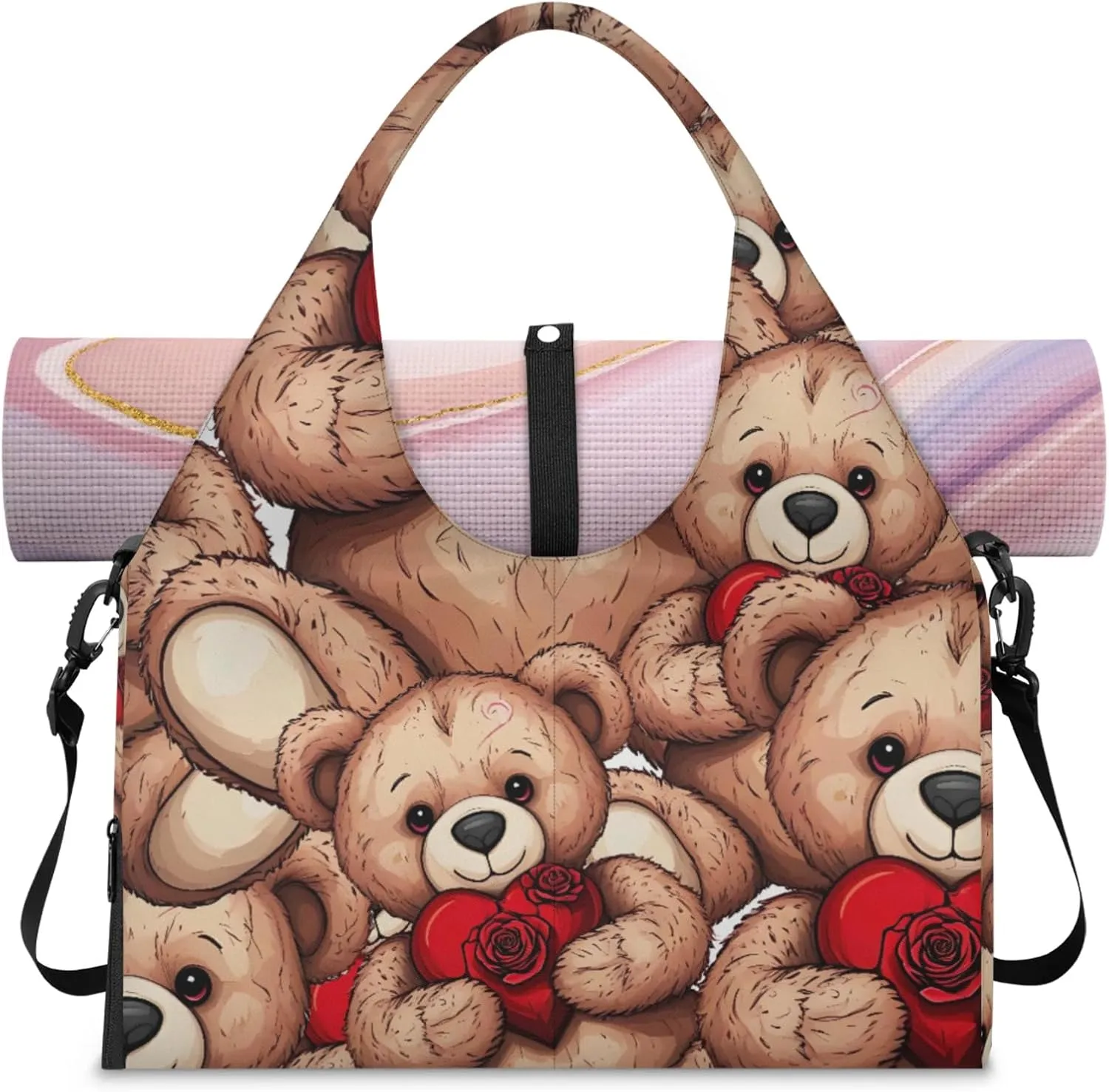 Bear Hearts Gym Bag Yoga Mat Tote for Women with Shoes Compartment Lightweight Duffle Travel Carrier Wet Dry Storage Pockets Adjustable Pilates Mats Shoulder Bags for Sport Swim