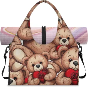 Bear Hearts Gym Bag Yoga Mat Tote for Women with Shoes Compartment Lightweight Duffle Travel Carrier Wet Dry Storage Pockets Adjustable Pilates Mats Shoulder Bags for Sport Swim