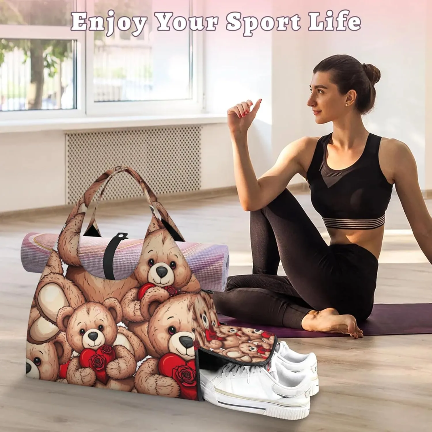 Bear Hearts Gym Bag Yoga Mat Tote for Women with Shoes Compartment Lightweight Duffle Travel Carrier Wet Dry Storage Pockets Adjustable Pilates Mats Shoulder Bags for Sport Swim