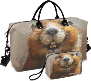 Beaver Watercolor Cute Travel Duffel Bag, Gym Bags with Multiple Interior Pockets for Men Women Toiletry Purse Included 20.5”x 1.9” x 13.8”