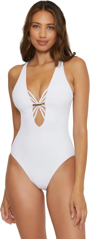 BECCA Women's Standard Modern Edge One Piece Swimsuit, Plunge Neck, Bathing Suits