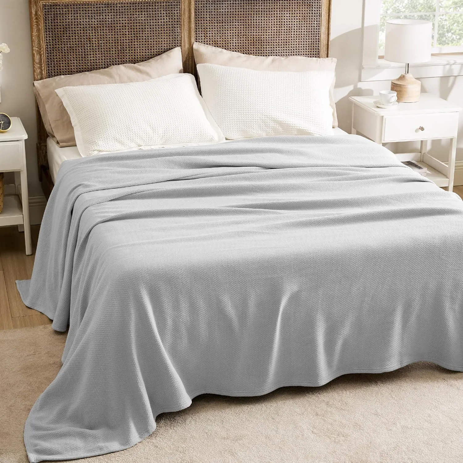 Bedsure 100% Cotton Blanket Queen Size for Bed - Breathable and Lightweight, Soft Cozy Textured Herringbone Woven Blanket for Summer, Grey, 90x90 inches