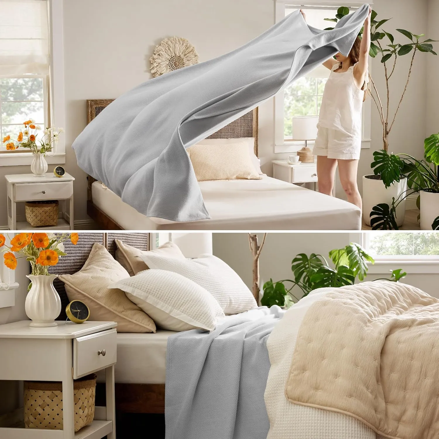 Bedsure 100% Cotton Blanket Queen Size for Bed - Breathable and Lightweight, Soft Cozy Textured Herringbone Woven Blanket for Summer, Grey, 90x90 inches