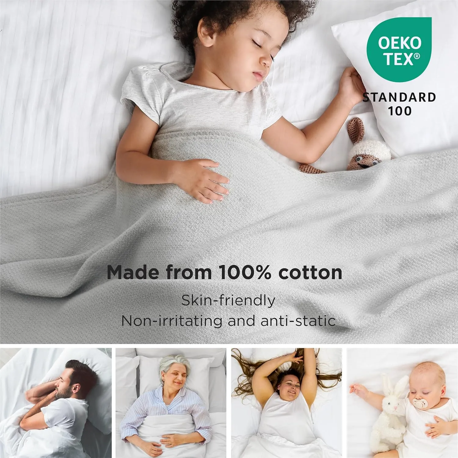 Bedsure 100% Cotton Blanket Queen Size for Bed - Breathable and Lightweight, Soft Cozy Textured Herringbone Woven Blanket for Summer, Grey, 90x90 inches