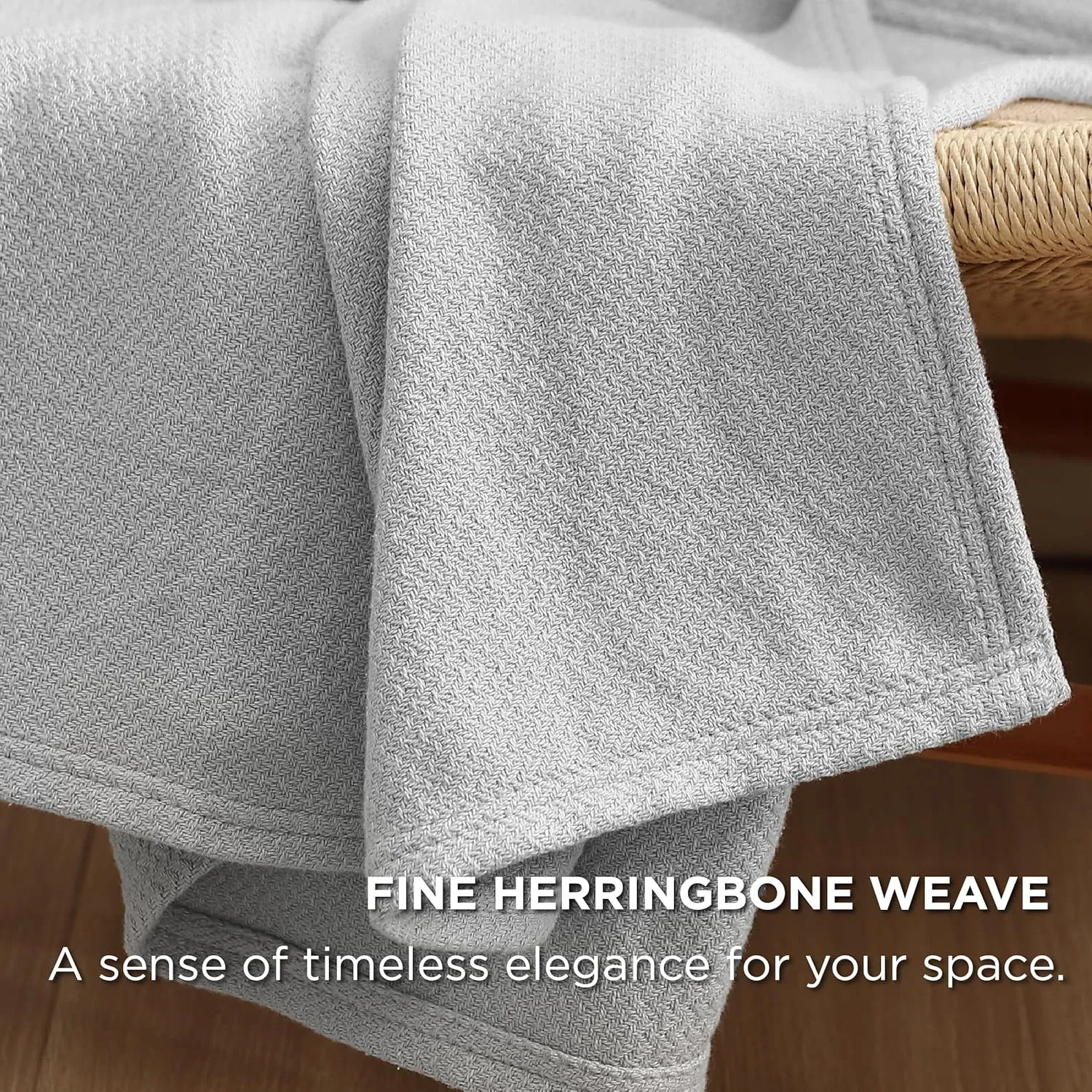 Bedsure 100% Cotton Blanket Queen Size for Bed - Breathable and Lightweight, Soft Cozy Textured Herringbone Woven Blanket for Summer, Grey, 90x90 inches