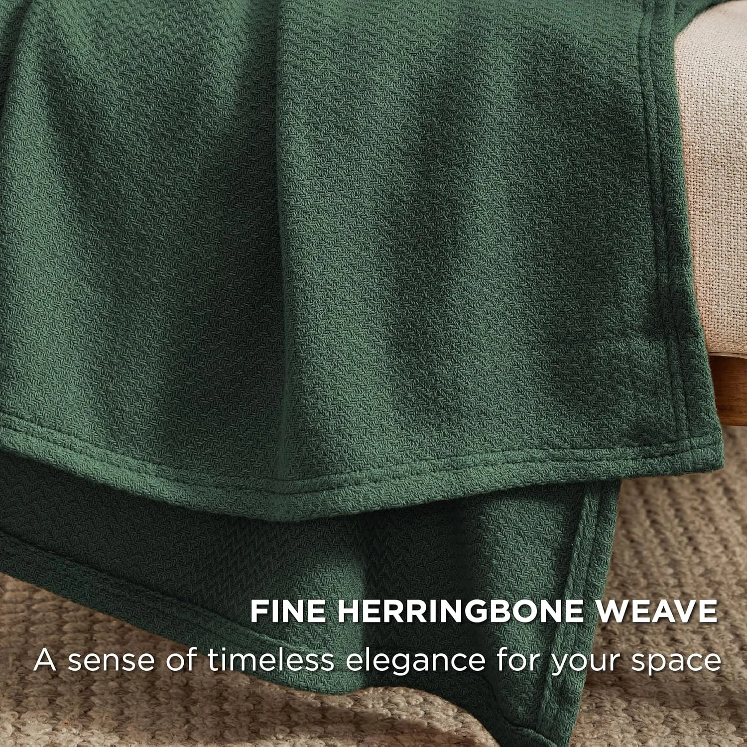 Bedsure 100% Cotton Blanket Queen Size for Bed - Breathable and Lightweight, Soft Cozy Textured Herringbone Woven Blanket for Summer Spring, Dark Green, 90x90 inches