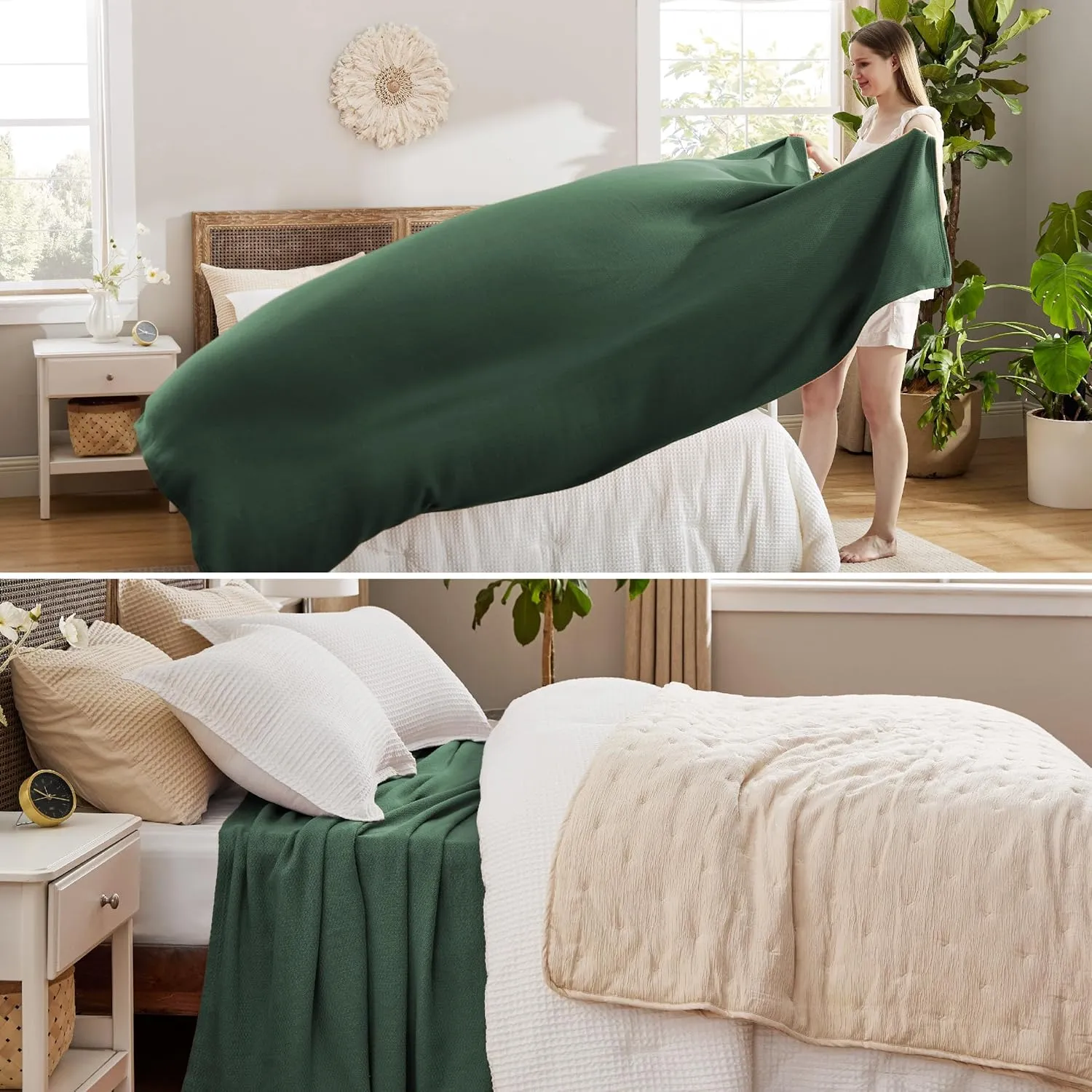Bedsure 100% Cotton Blanket Queen Size for Bed - Breathable and Lightweight, Soft Cozy Textured Herringbone Woven Blanket for Summer Spring, Dark Green, 90x90 inches