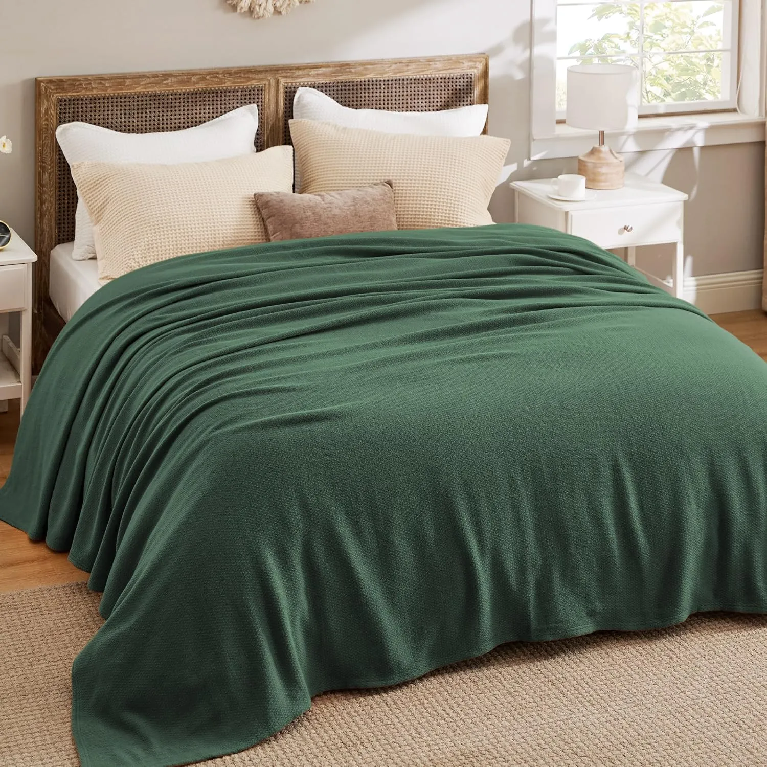 Bedsure 100% Cotton Blanket Queen Size for Bed - Breathable and Lightweight, Soft Cozy Textured Herringbone Woven Blanket for Summer Spring, Dark Green, 90x90 inches