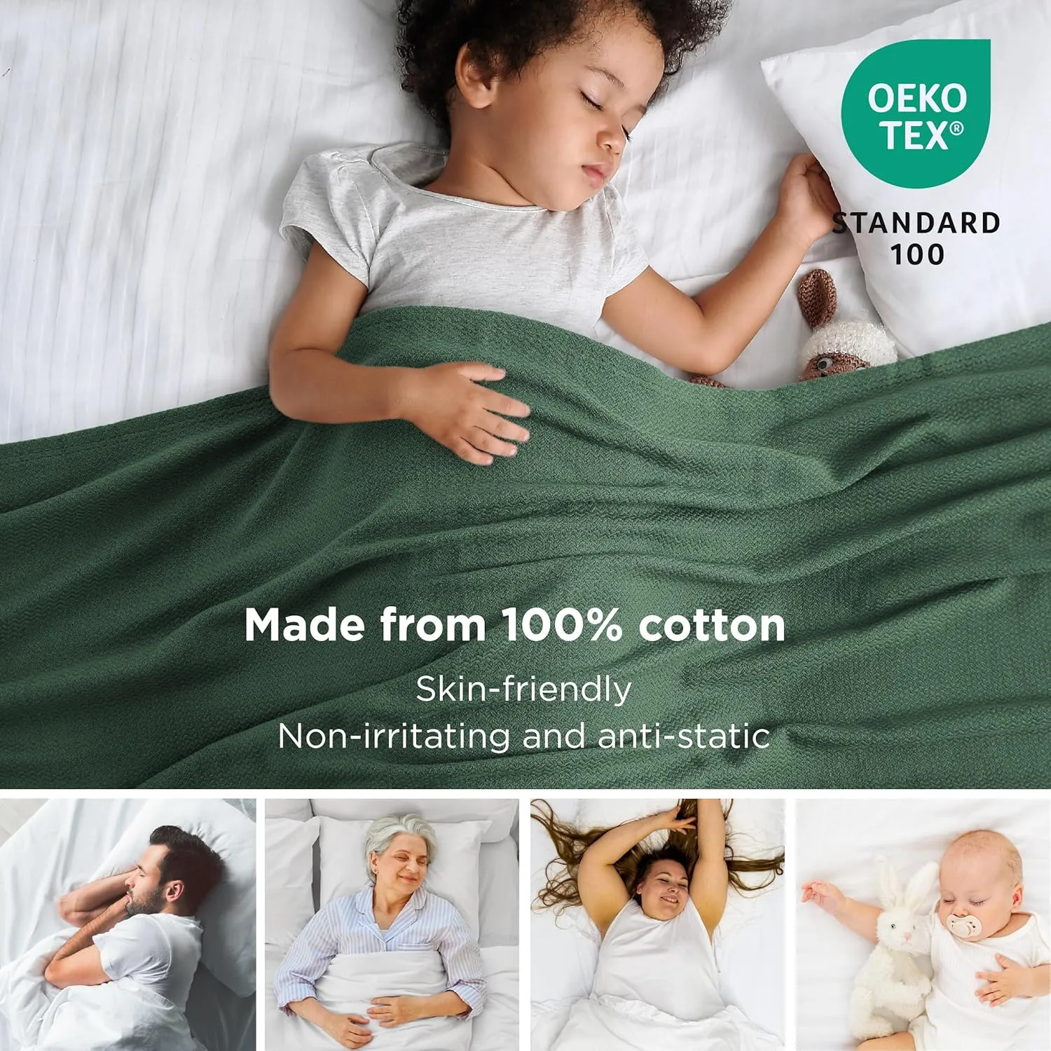 Bedsure 100% Cotton Blanket Queen Size for Bed - Breathable and Lightweight, Soft Cozy Textured Herringbone Woven Blanket for Summer Spring, Dark Green, 90x90 inches