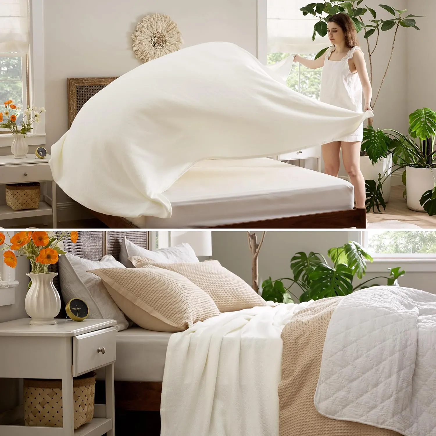 Bedsure 100% Cotton Blanket Queen Size for Bed - Breathable and Lightweight, Soft Cozy Textured Herringbone Woven Blanket for Summer Spring, Ivory, 90x90 inches