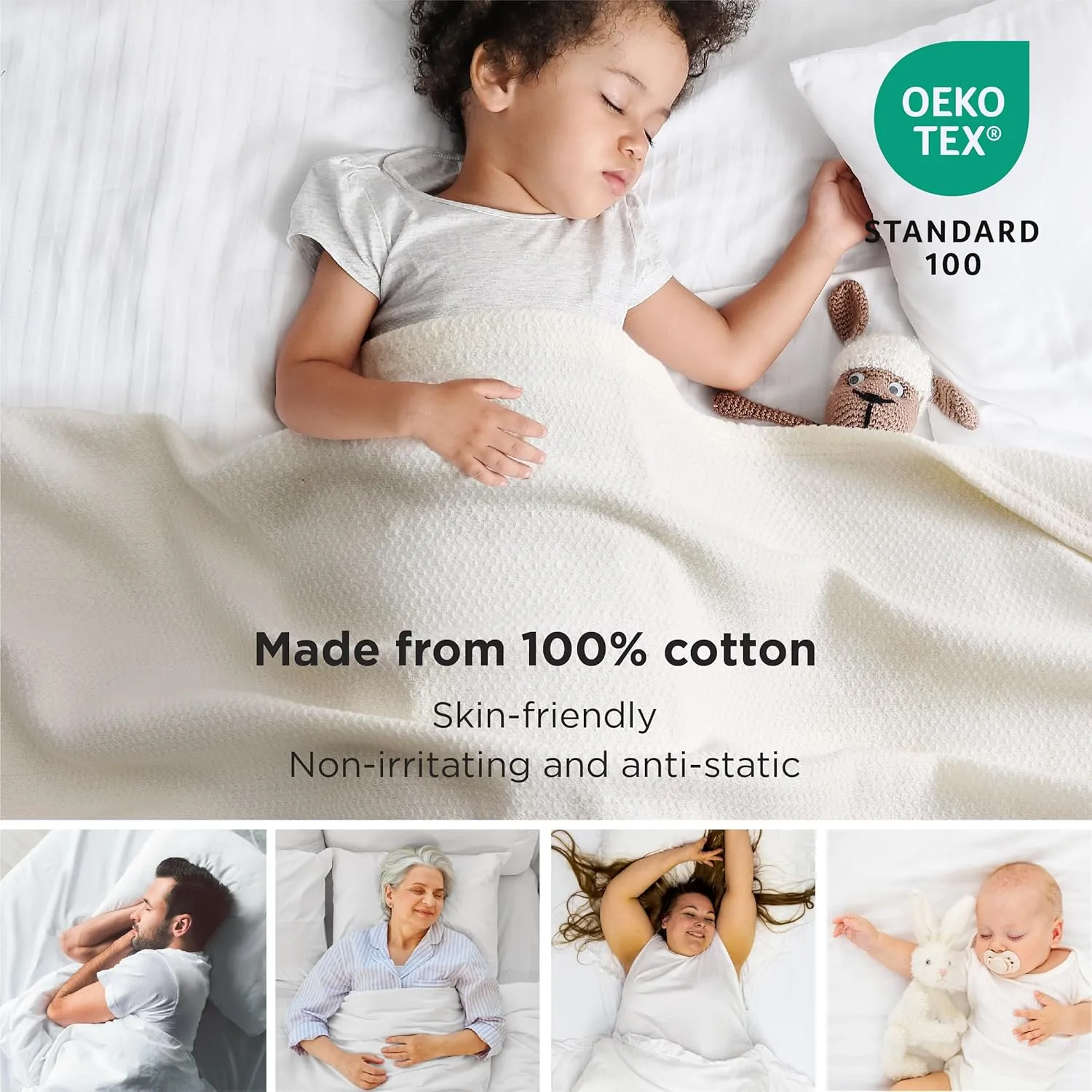 Bedsure 100% Cotton Blanket Queen Size for Bed - Breathable and Lightweight, Soft Cozy Textured Herringbone Woven Blanket for Summer Spring, Ivory, 90x90 inches