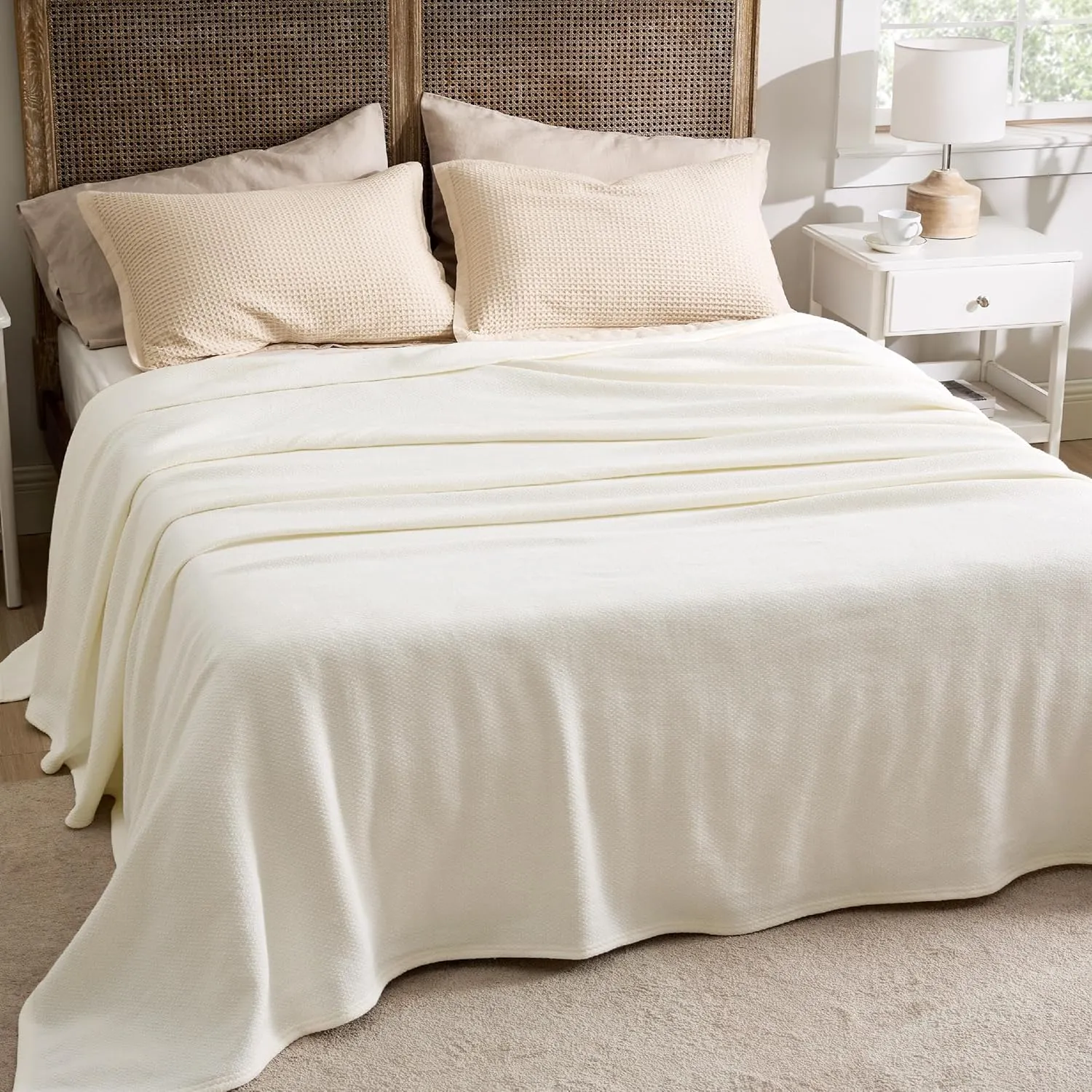 Bedsure 100% Cotton Blanket Queen Size for Bed - Breathable and Lightweight, Soft Cozy Textured Herringbone Woven Blanket for Summer Spring, Ivory, 90x90 inches