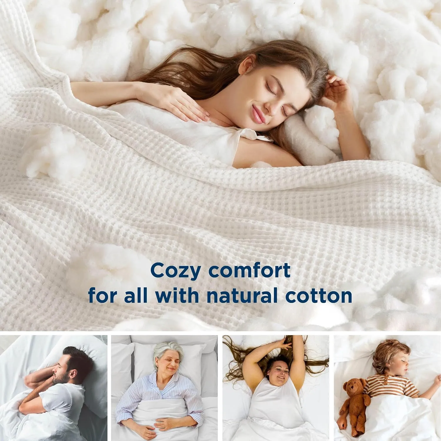 Bedsure 100% Cotton Blanket Queen Size for Summer, Ultra Soft Waffle Weave Queen Blanket for Bed, Lightweight Thin Woven Breathable Bedding Gifts for Women, Men, Kids, Ivory, 90" x 90"