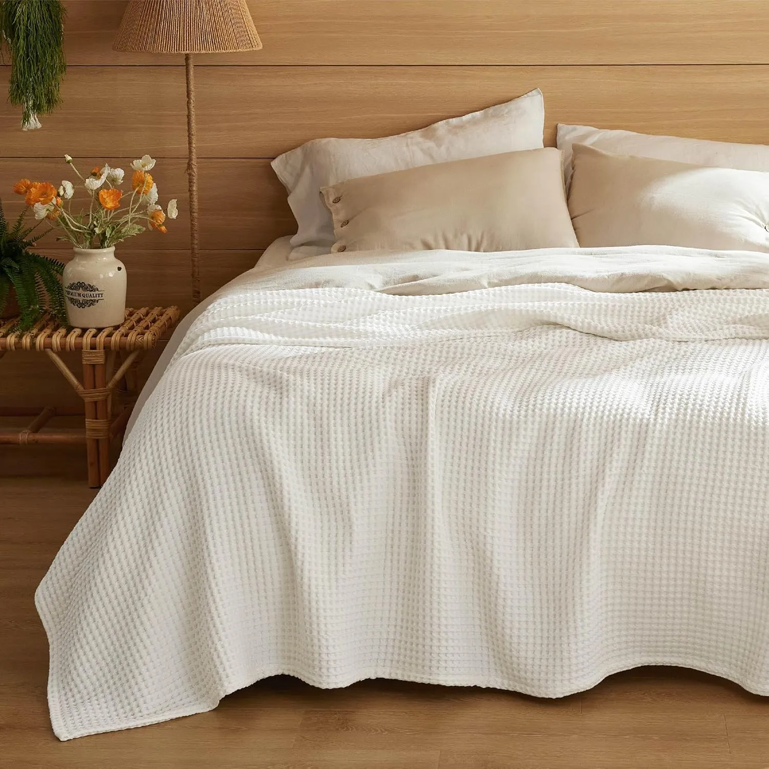 Bedsure 100% Cotton Blanket Queen Size for Summer, Ultra Soft Waffle Weave Queen Blanket for Bed, Lightweight Thin Woven Breathable Bedding Gifts for Women, Men, Kids, Ivory, 90" x 90"