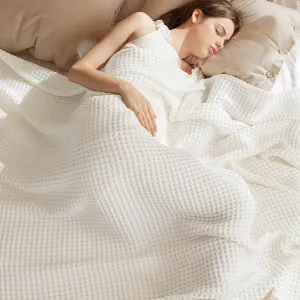 Bedsure 100% Cotton Blanket Queen Size for Summer, Ultra Soft Waffle Weave Queen Blanket for Bed, Lightweight Thin Woven Breathable Bedding Gifts for Women, Men, Kids, Ivory, 90" x 90"