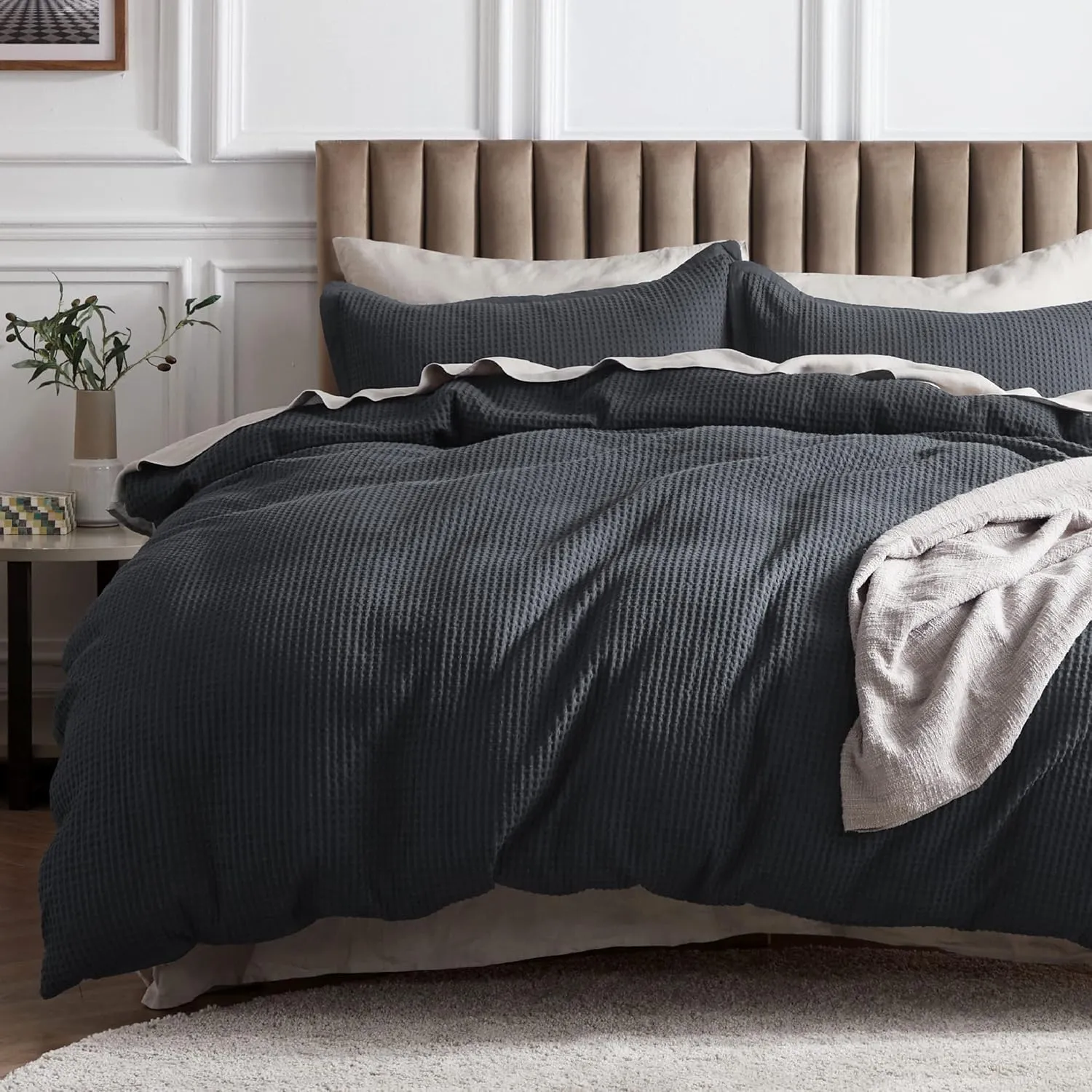 Bedsure Cotton Duvet Cover King - 100% Cotton Waffle Weave Charcoal Duvet Cover King Size, GentleSoft™ and Breathable Bedding Set for All Season, 3 Pieces, 104"x90"