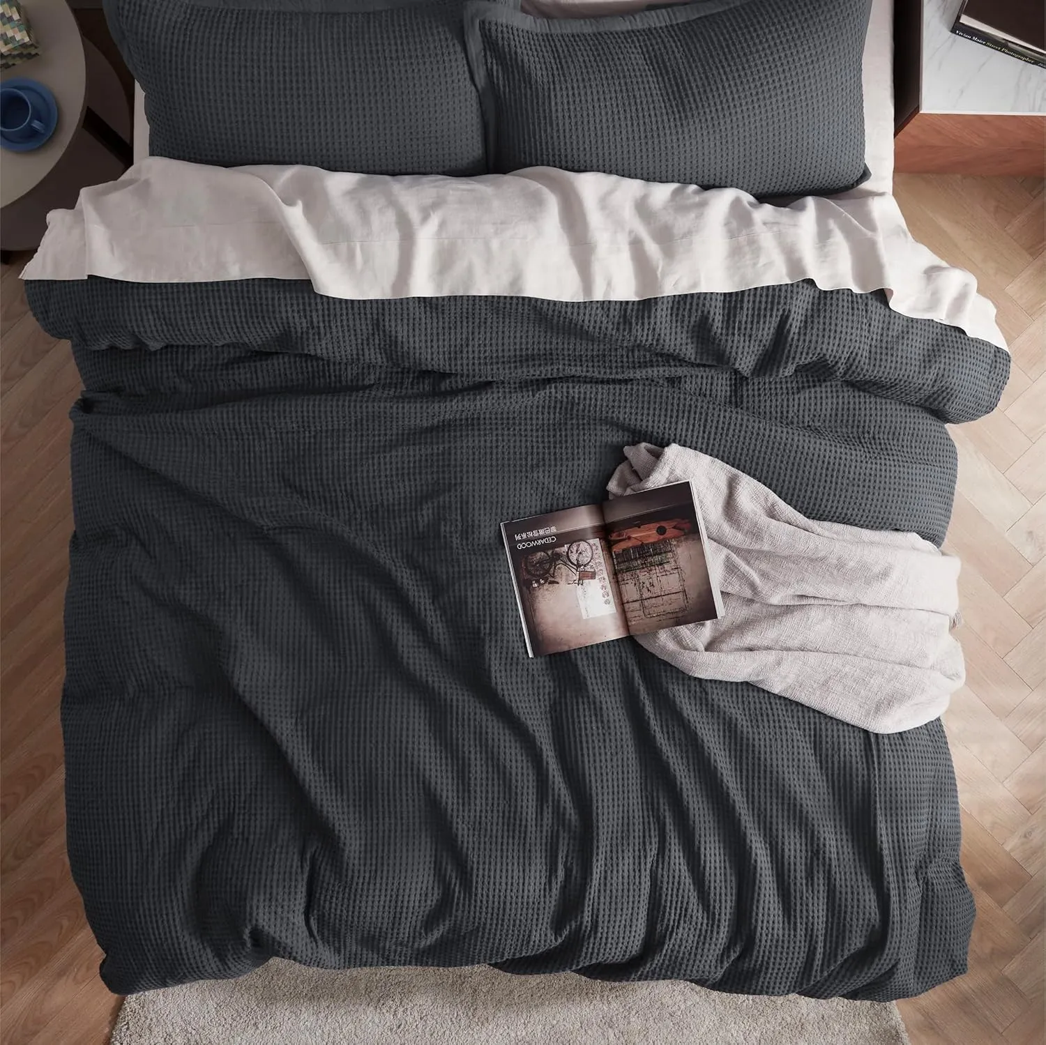 Bedsure Cotton Duvet Cover King - 100% Cotton Waffle Weave Charcoal Duvet Cover King Size, GentleSoft™ and Breathable Bedding Set for All Season, 3 Pieces, 104"x90"