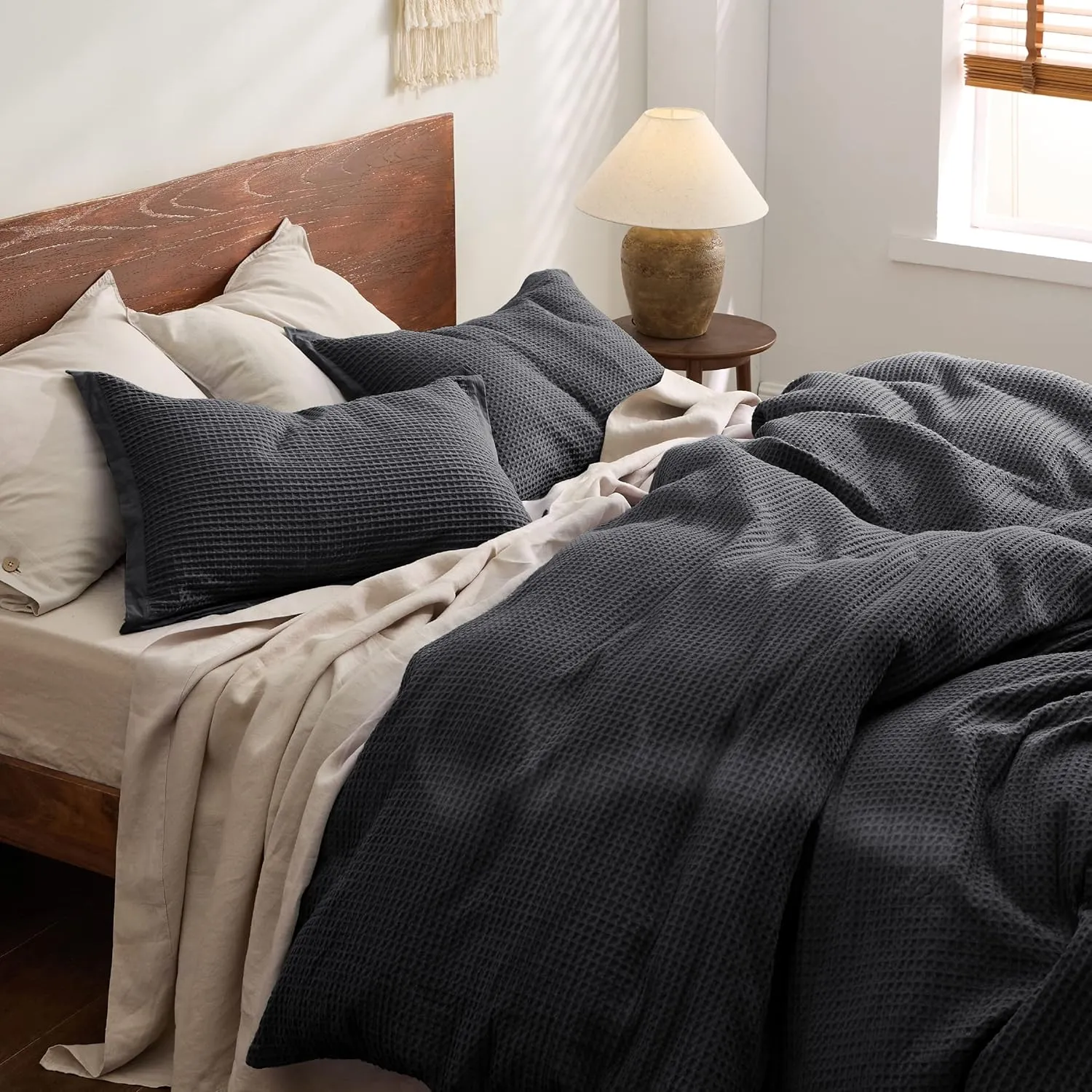 Bedsure Cotton Duvet Cover King - 100% Cotton Waffle Weave Charcoal Duvet Cover King Size, GentleSoft™ and Breathable Bedding Set for All Season, 3 Pieces, 104"x90"