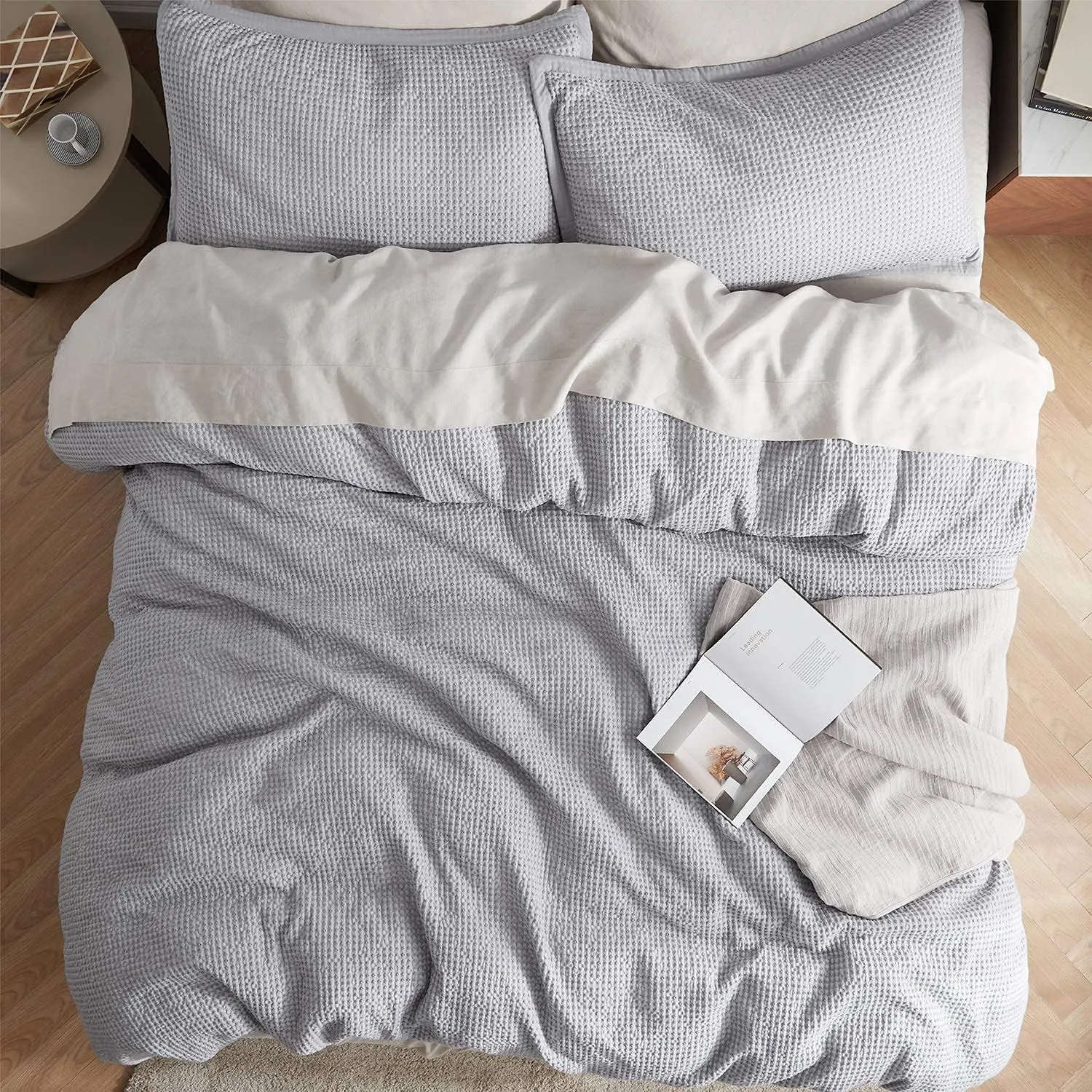 Bedsure Cotton Duvet Cover King - 100% Cotton Waffle Weave Grey Duvet Cover King Size, GentleSoft™ and Breathable Bedding Set for All Season, 3 Pieces, 104"x90"