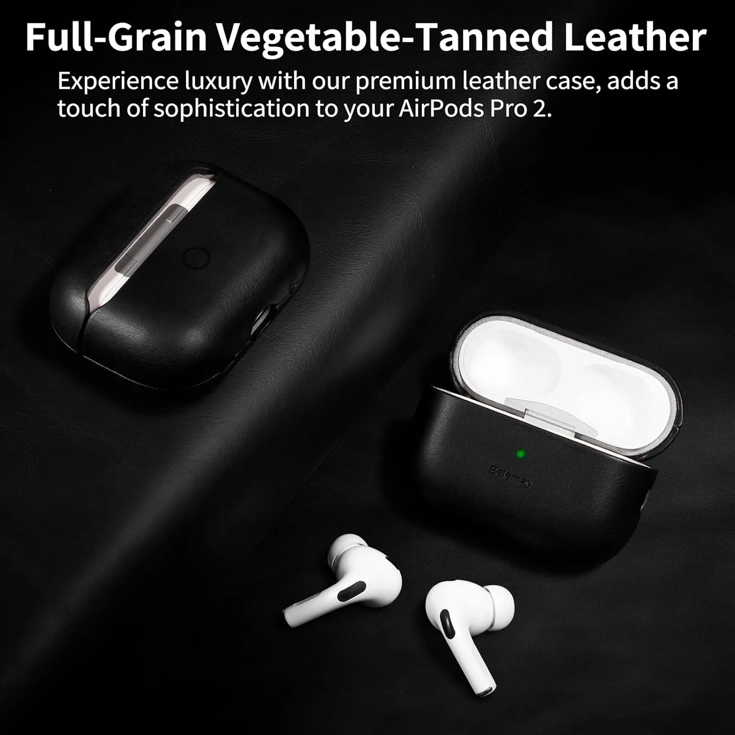 Belemay for AirPods Pro 2nd Generation Case, Compatible with MagSafe and Wireless Charging, Luxury Full-Grain Smooth Leather, Unique Patina, Comfort Grip, Compatible with Airpods Pro 2, Black