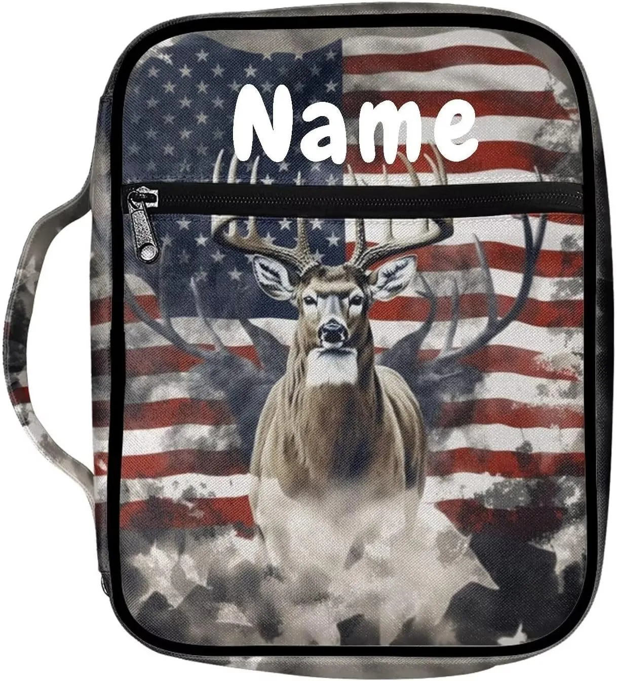 Belidome American Flag Deer Bible Cover Bag with Custom Name Book Case Portable Handle Bag for Women Men