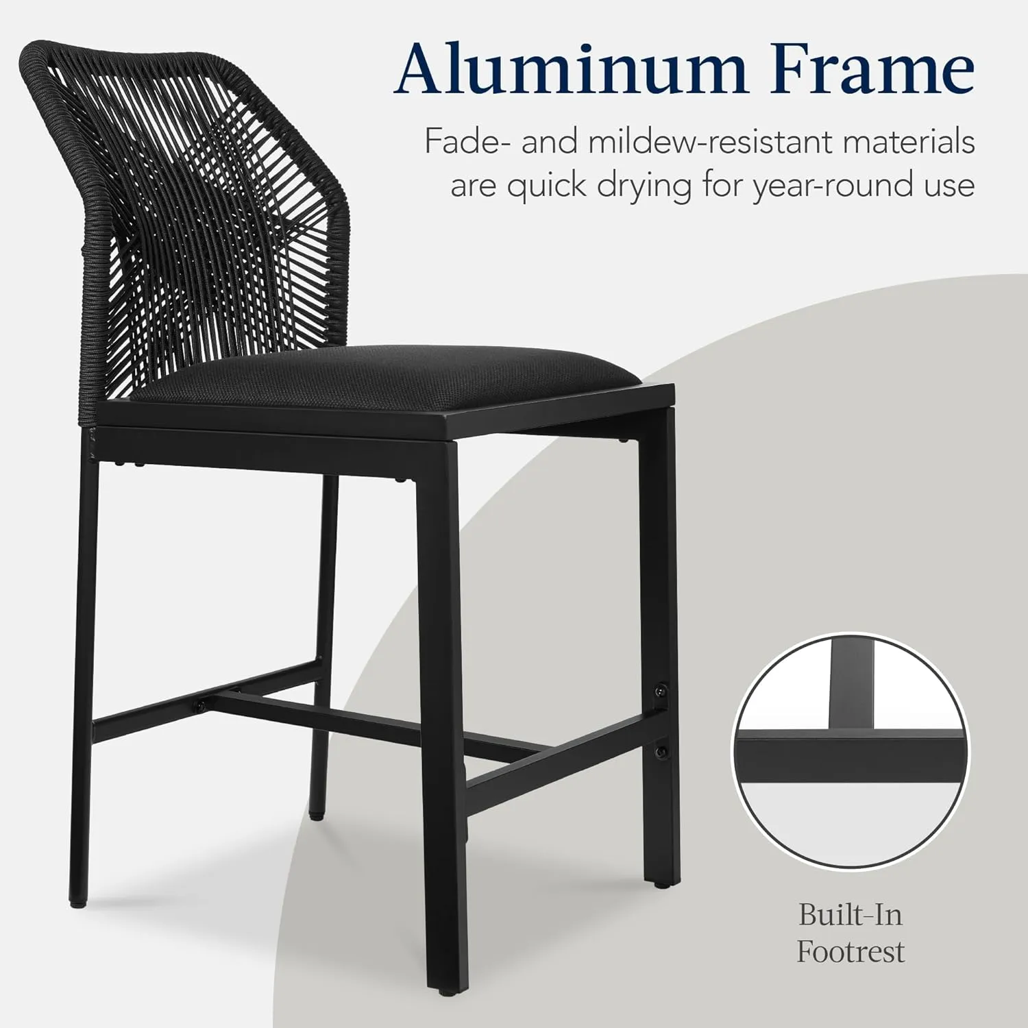 Best Choice Products Indoor Outdoor Counter Height Bar Stools Set of 2, Armless Kitchen Counter Stools w/Back and Footrest, Built-in Cushion, Aluminum Frame - Black/Obsidian