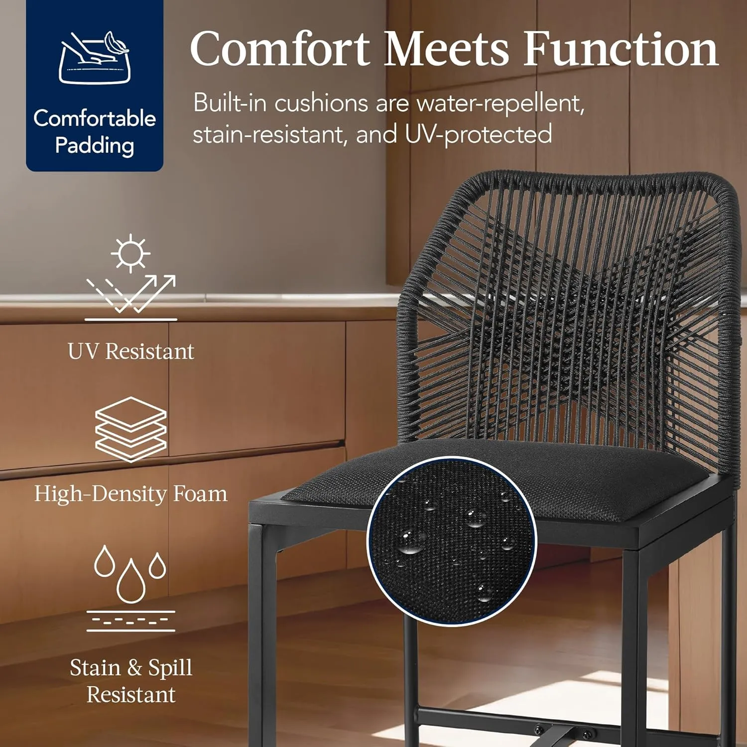Best Choice Products Indoor Outdoor Counter Height Bar Stools Set of 2, Armless Kitchen Counter Stools w/Back and Footrest, Built-in Cushion, Aluminum Frame - Black/Obsidian