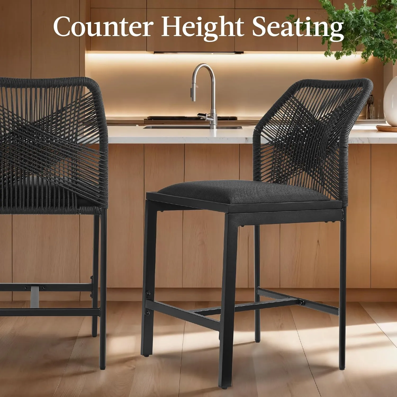 Best Choice Products Indoor Outdoor Counter Height Bar Stools Set of 2, Armless Kitchen Counter Stools w/Back and Footrest, Built-in Cushion, Aluminum Frame - Black/Obsidian