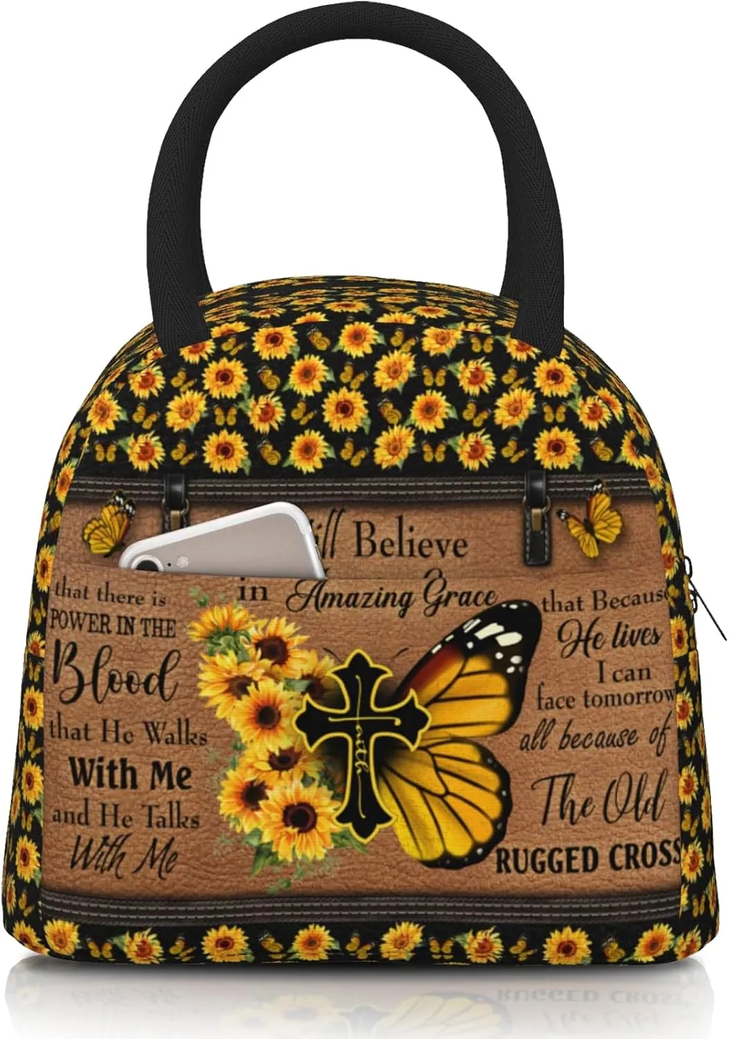 Bible Verses Lunch Box Christian Insulated Lunch Bag for Women Inspirational Scripture Cross Butterfly Sunflower Lunchbox Religious Reusable LunchTote Bag for Church Office Work Travel