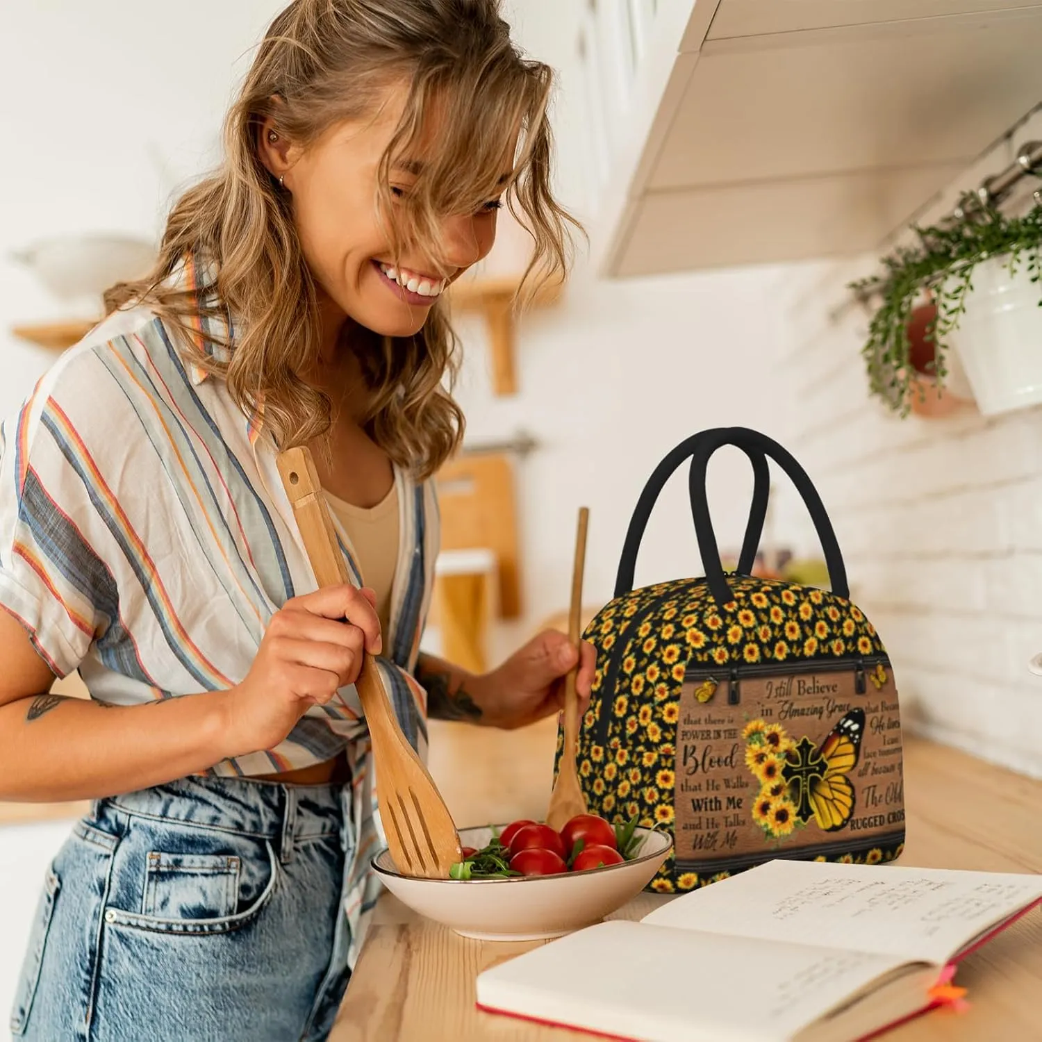 Bible Verses Lunch Box Christian Insulated Lunch Bag for Women Inspirational Scripture Cross Butterfly Sunflower Lunchbox Religious Reusable LunchTote Bag for Church Office Work Travel