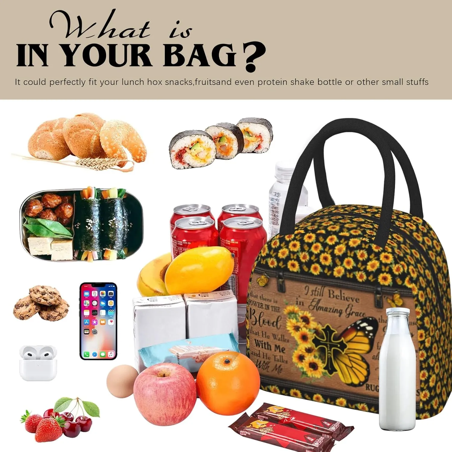 Bible Verses Lunch Box Christian Insulated Lunch Bag for Women Inspirational Scripture Cross Butterfly Sunflower Lunchbox Religious Reusable LunchTote Bag for Church Office Work Travel