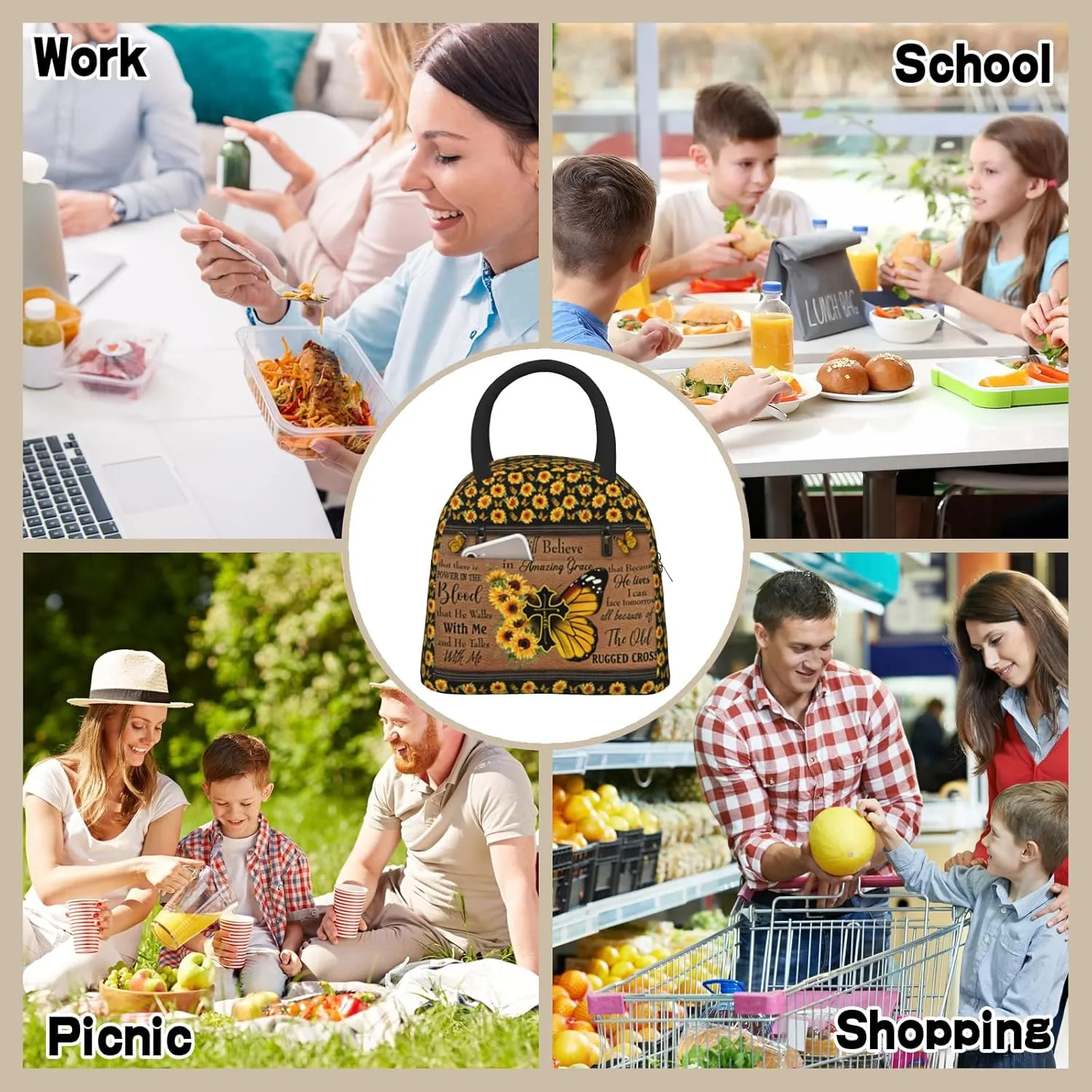 Bible Verses Lunch Box Christian Insulated Lunch Bag for Women Inspirational Scripture Cross Butterfly Sunflower Lunchbox Religious Reusable LunchTote Bag for Church Office Work Travel