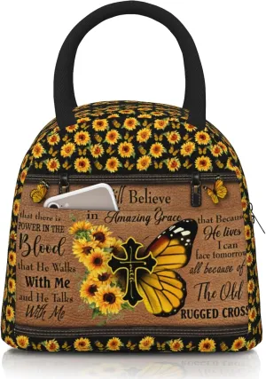 Bible Verses Lunch Box Christian Insulated Lunch Bag for Women Inspirational Scripture Cross Butterfly Sunflower Lunchbox Religious Reusable LunchTote Bag for Church Office Work Travel