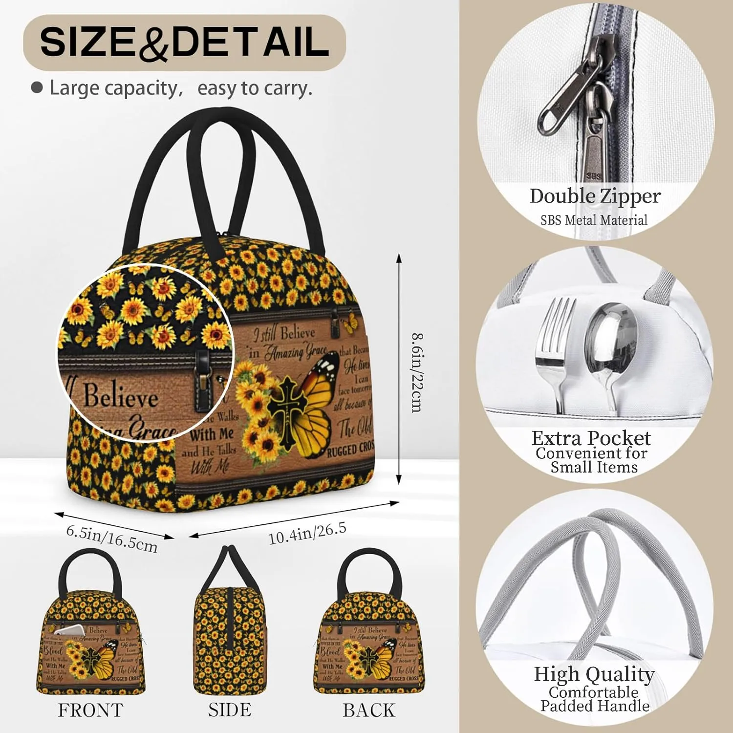 Bible Verses Lunch Box Christian Insulated Lunch Bag for Women Inspirational Scripture Cross Butterfly Sunflower Lunchbox Religious Reusable LunchTote Bag for Church Office Work Travel