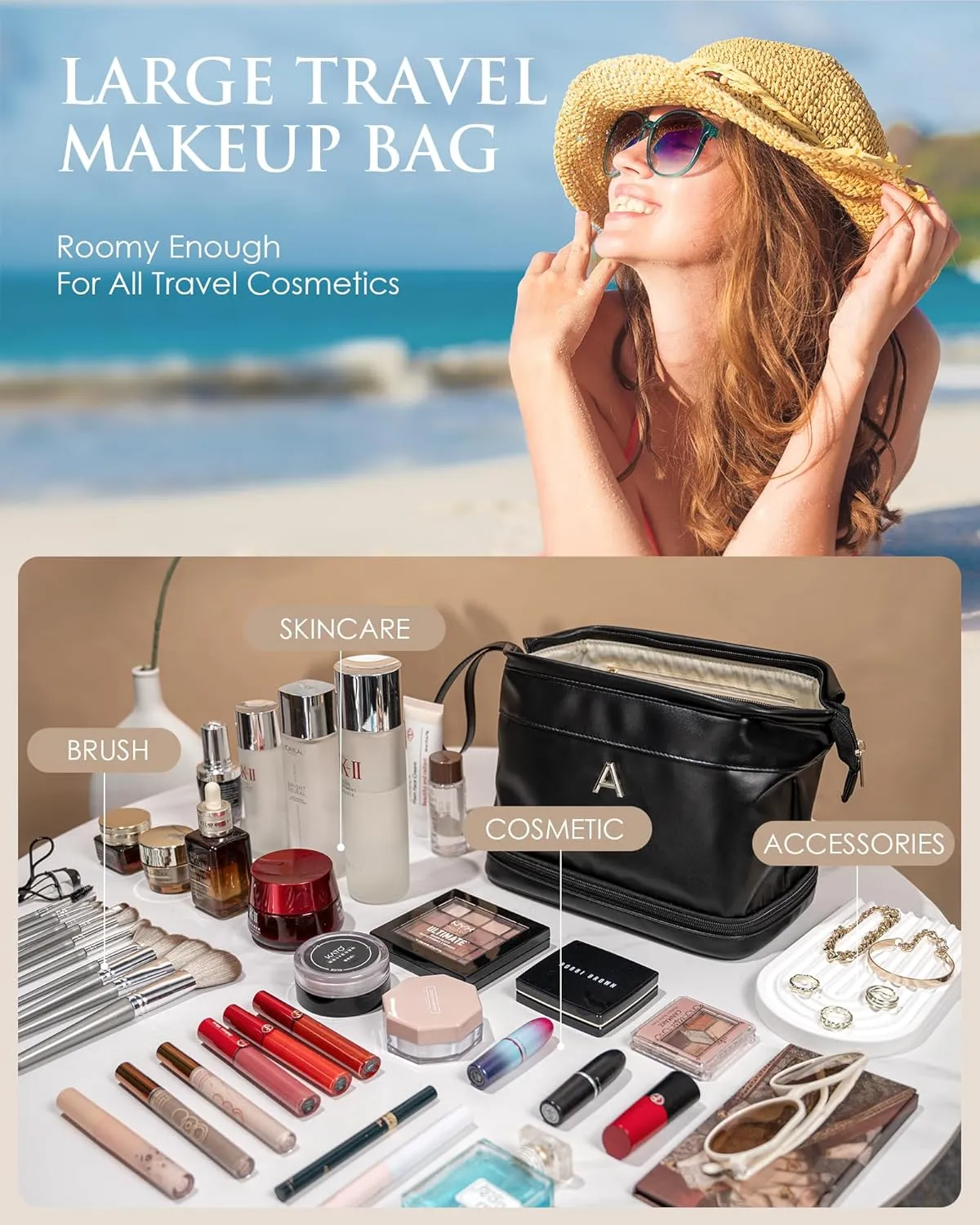 Birthday Gift Ideas, Gifts for Women, Initial Large Makeup Bag, Travel Essentials, Double Layer Cosmetic Bag with Makeup Brush Organizer, Gifts for Mothers Day Teens Girls Graduation Gift