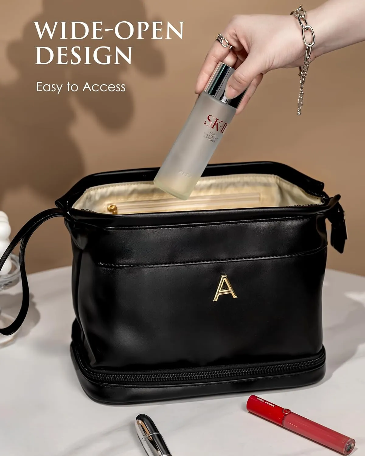 Birthday Gift Ideas, Gifts for Women, Initial Large Makeup Bag, Travel Essentials, Double Layer Cosmetic Bag with Makeup Brush Organizer, Gifts for Mothers Day Teens Girls Graduation Gift