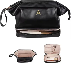 Birthday Gift Ideas, Gifts for Women, Initial Large Makeup Bag, Travel Essentials, Double Layer Cosmetic Bag with Makeup Brush Organizer, Gifts for Mothers Day Teens Girls Graduation Gift