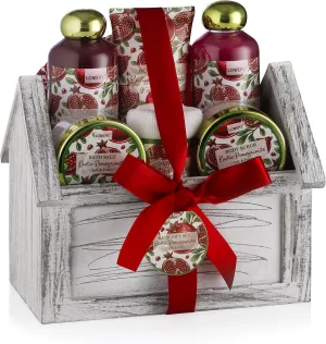 Birthday Gifts from Son, Home Spa Gift Basket, 8pc Bath & Body Set for Women & Men, Exotic Pomegranate Scent, Shower Gel, Bubble Bath, Lotion, Bath Salt, Body Scrub, Towel, Cosmetic Bag & Wood Case