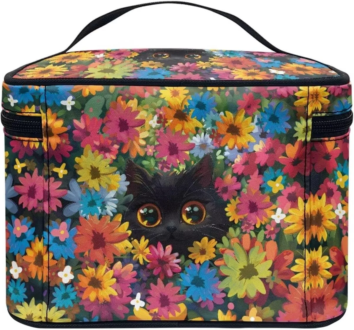 Black Cat Colorful Flowers Pattern Travel Makeup Bag for Women Large Capacity Cosmetic Bag with Zipper and Handle Portable Toiletry Bag Make Up Organizers