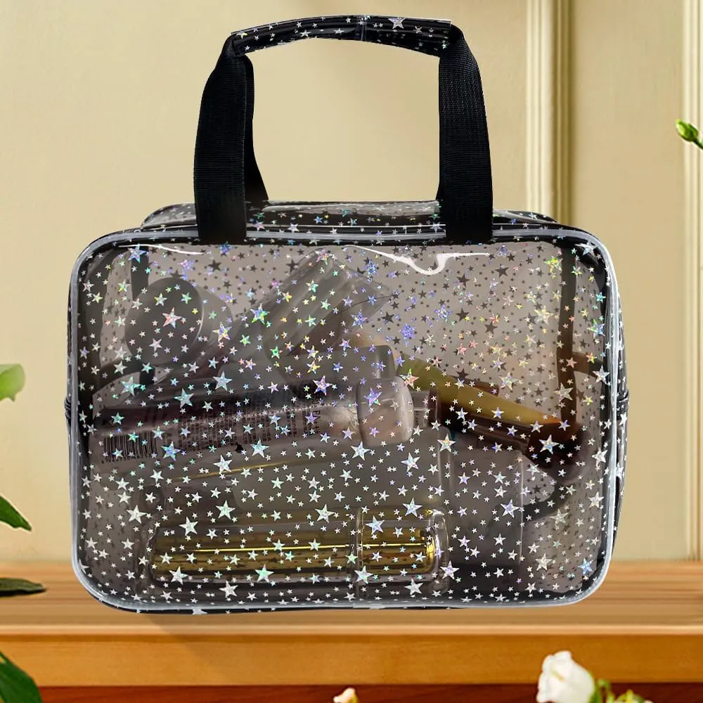Black Holographic Star Cosmetic Bag for Women 11.8x5.1x8.2 Inches Portable Travel Toiletry Bag with Handles,Durable PVC Material,Zipper Design-Ideal Large Clear Makeup Organizer