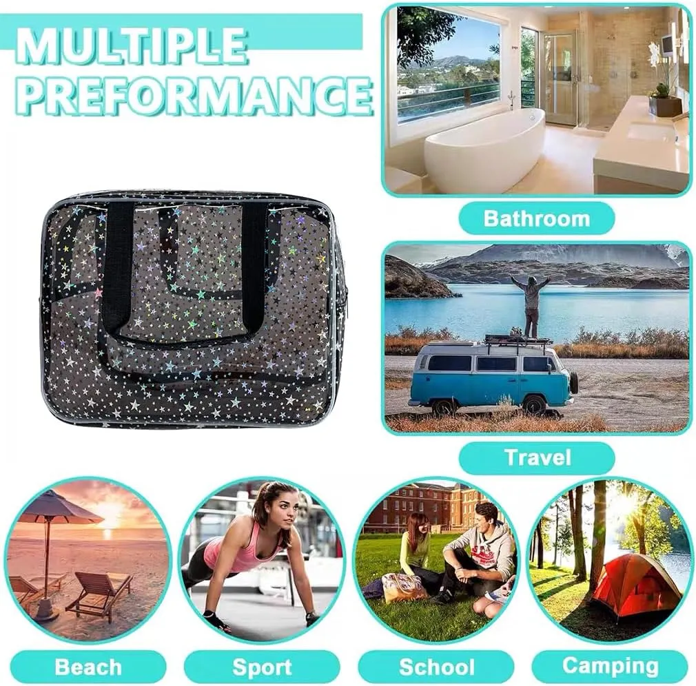 Black Holographic Star Cosmetic Bag for Women 11.8x5.1x8.2 Inches Portable Travel Toiletry Bag with Handles,Durable PVC Material,Zipper Design-Ideal Large Clear Makeup Organizer