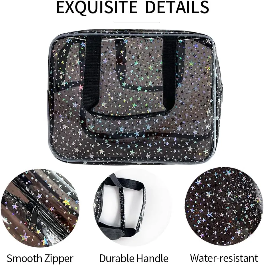 Black Holographic Star Cosmetic Bag for Women 11.8x5.1x8.2 Inches Portable Travel Toiletry Bag with Handles,Durable PVC Material,Zipper Design-Ideal Large Clear Makeup Organizer