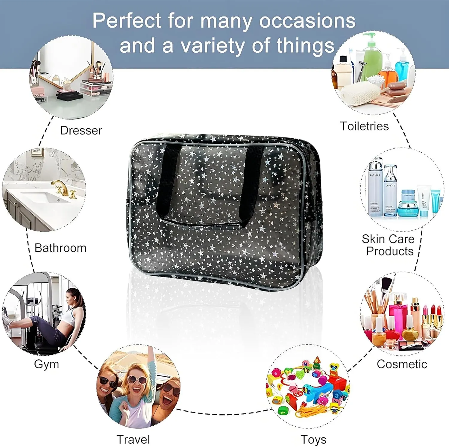 Black Holographic Star Cosmetic Bag for Women 11.8x5.1x8.2 Inches Portable Travel Toiletry Bag with Handles,Durable PVC Material,Zipper Design-Ideal Large Clear Makeup Organizer