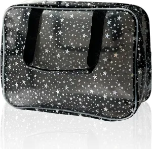 Black Holographic Star Cosmetic Bag for Women 11.8x5.1x8.2 Inches Portable Travel Toiletry Bag with Handles,Durable PVC Material,Zipper Design-Ideal Large Clear Makeup Organizer
