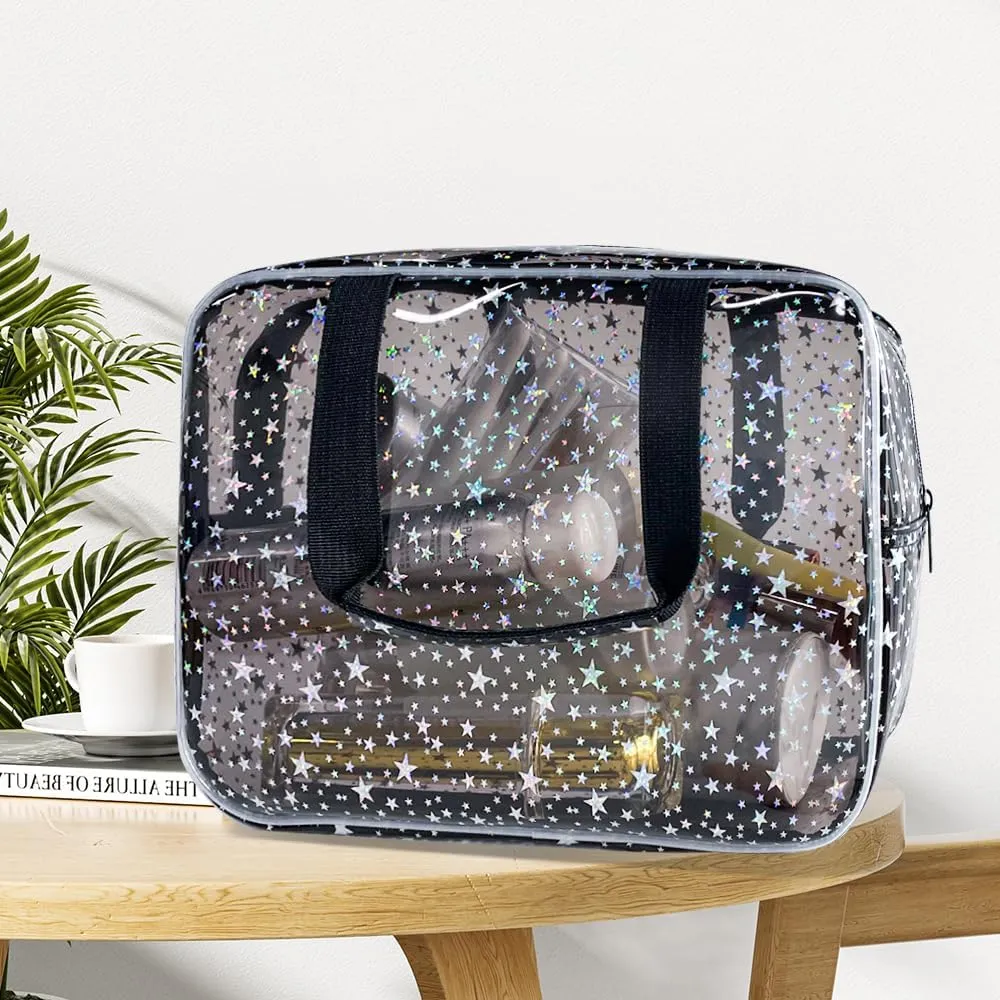 Black Holographic Star Cosmetic Bag for Women 11.8x5.1x8.2 Inches Portable Travel Toiletry Bag with Handles,Durable PVC Material,Zipper Design-Ideal Large Clear Makeup Organizer