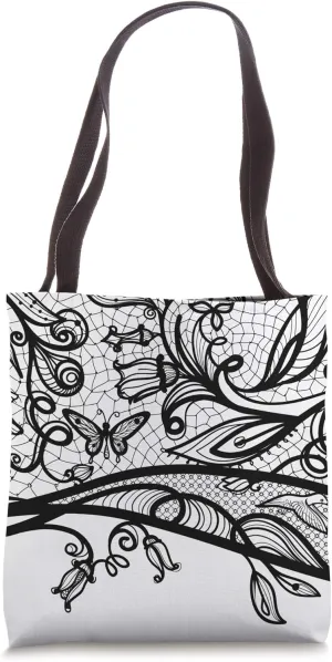 Black Lace Flowers and Butterflies Floral Pattern Design Tote Bag