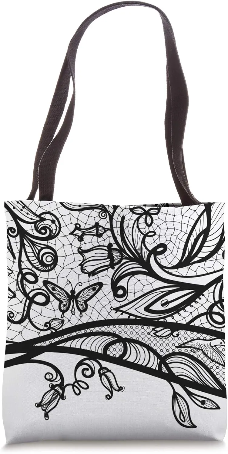 Black Lace Flowers and Butterflies Floral Pattern Design Tote Bag