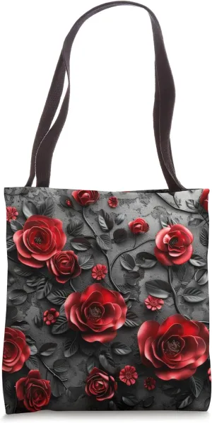 Black Lace Red Floral Vintage Flower Botanica Pattern Design Tote Bag