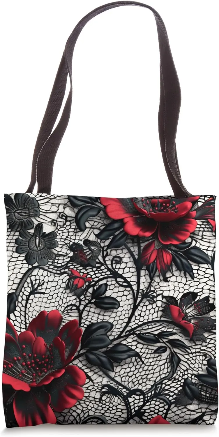 Black Lace Red Floral Vintage Flower Pattern Design #LAV14 Tote Bag
